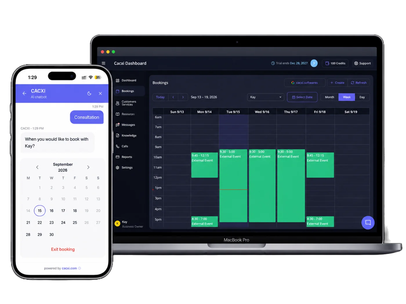The CACXI booking flow on a phone beside its dashboard, showing a week of jobs already booked in.